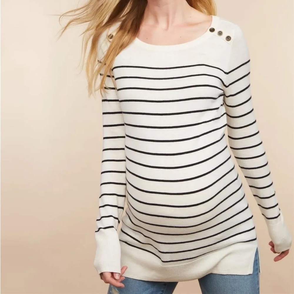Motherhood Maternity, Button Detail Maternity Sweater, Black & White Stripe, XL